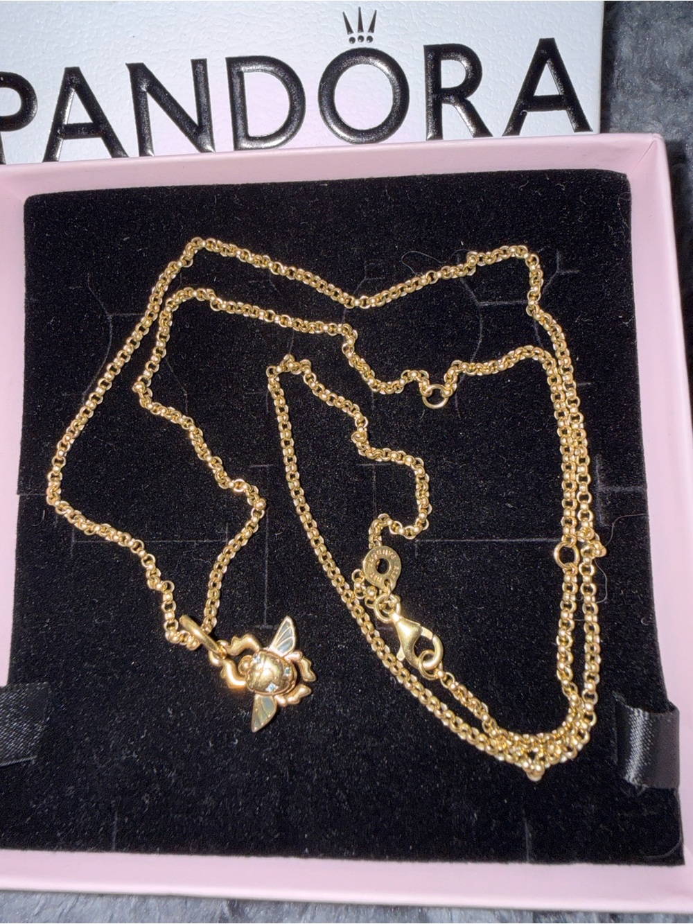 Pandora Disney Gold Beetle Charm with Rolo Chain Necklace